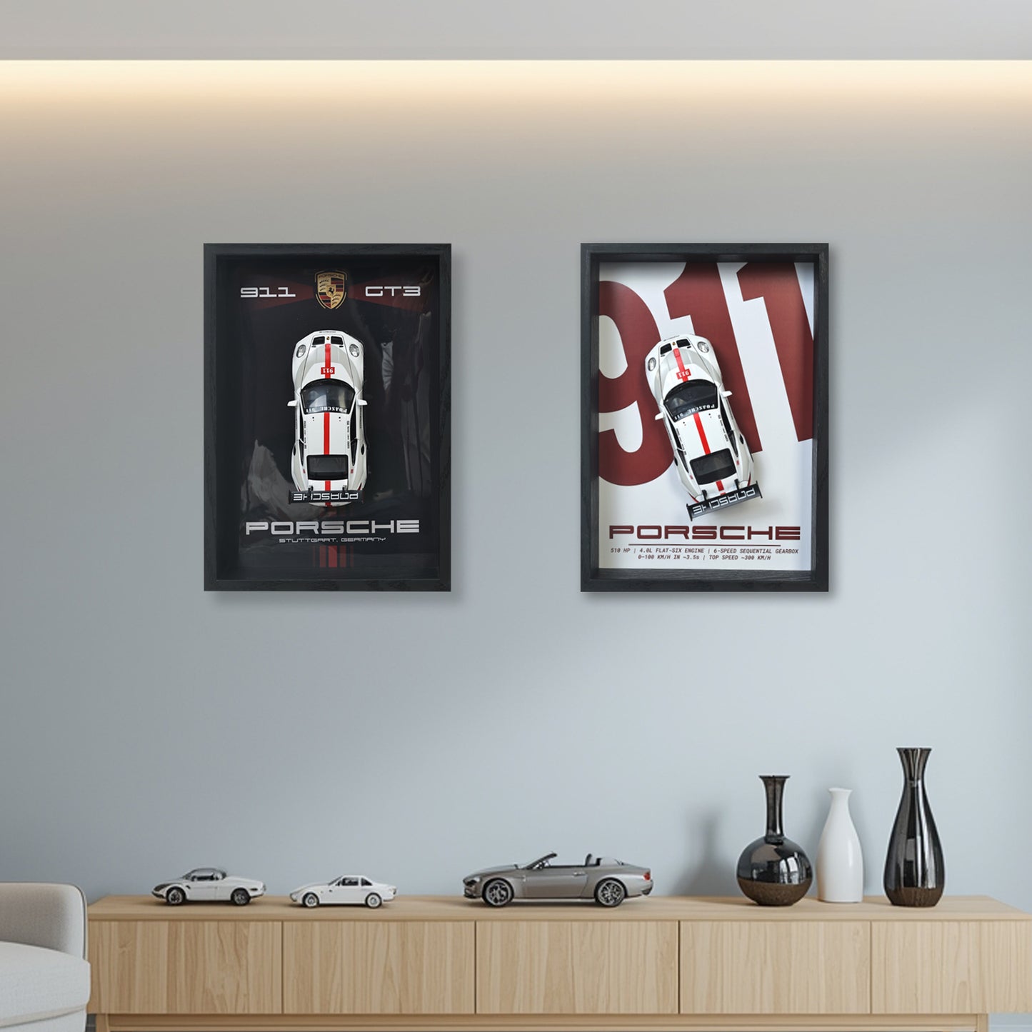 Porsche GT3 RS 3D Car Frame Wall Art | 1:32 Die-Cast Metal Model Car with Wooden Display Frame | Detachable Miniature, Interchangeable Posters, Pull-Back Action, Working Lights & Opening Doors | Premium Collectible Gift for Cars Lovers